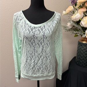 PINK Victoria’s Secret Mint Lace Long Sleeve Scoop Neck Sheer Top